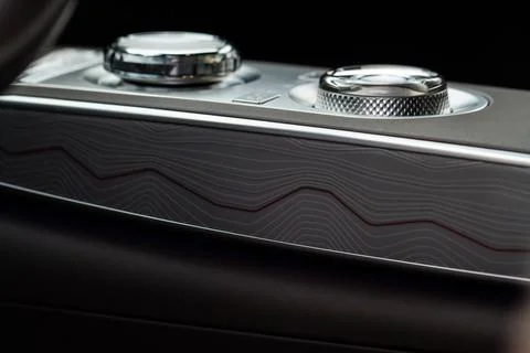 Modern car interior close up view with metallic and plastic details. Interior 스톡 사진