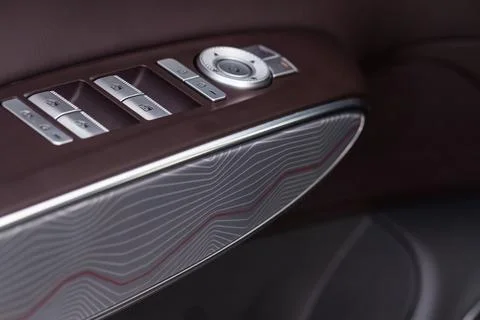 Modern car interior close up view with metallic and plastic details. Interior Foto stock