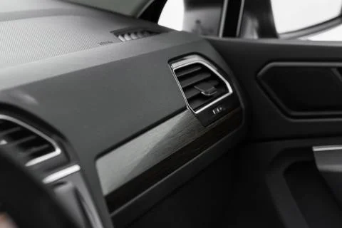 Modern car interior close up view with metallic and plastic details. Interior Foto stock