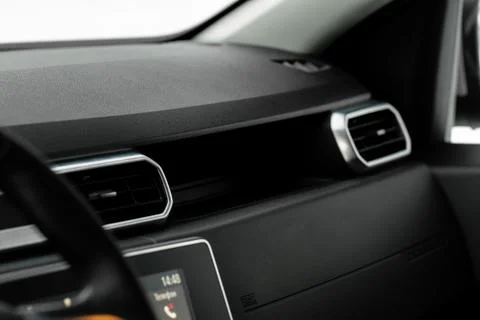 Modern car interior close up view with metallic and plastic details. Interior 스톡 사진