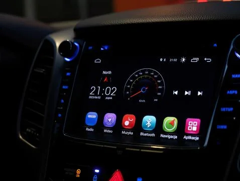 Modern car interior dashboard touch display closeup, Android auto touchscre.. Stock Photos