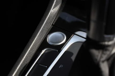 Modern car interior start stop engine button and gear shift console detail, a Stock Photos