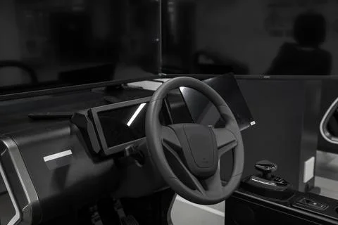 Modern car simulator system, black interior Stock Photos
