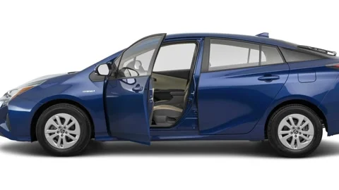 Modern car in studio side view Blue Crush Metallic 2016 Toyota Prius Two Video stock 159869721