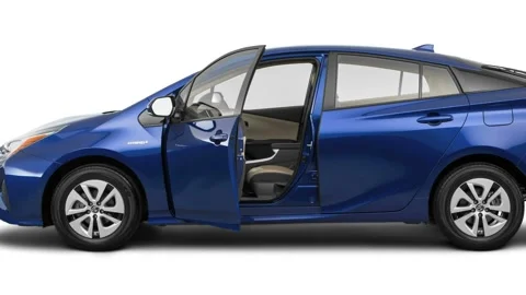 Modern car in studio side view Blue Crush Metallic 2016 Toyota Prius Three Video stock 159871447
