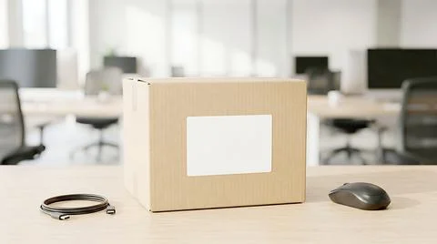 Modern cardboard box with empty window slot on office desk with mouse and cab Stock Photos