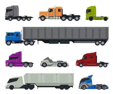 Modern Cargo Trucks Collection, Side View of Heavy Delivering Vehicles Flat Stock Illustration
