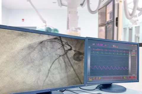 Modern Cath Lab showing LCD monitor with the doctor, nurse, and patient. Stock Photos