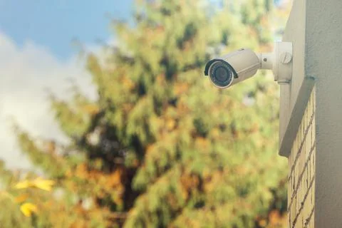 Modern CCTV camera on building wall, foliage background Stock Photos