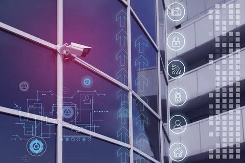 Modern CCTV security camera on building outdoors and icons Fotos de archivo