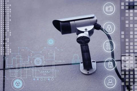 Modern CCTV security camera on building wall outdoors and icons Fotos de archivo