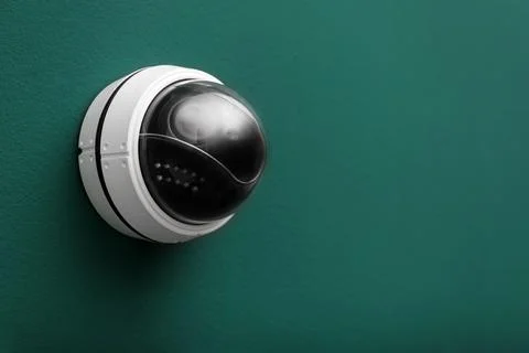 Modern CCTV security camera on green wall. Space for text Stock Photos