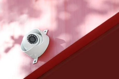 Modern CCTV security camera on red building wall outdoors. Space for text Fotos de archivo