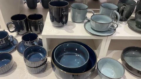 Modern Ceramic Dinnerware Set – Stylish Blue and white biege Cups, Bowls Video stock 320410782