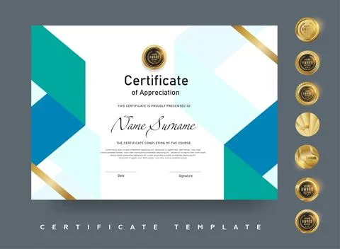 Modern certificate of appreciation template featuring blue and green geomet.. Stock Illustration