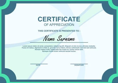 Modern certificate of appreciation template with teal borders and abstract .. Stock Illustration