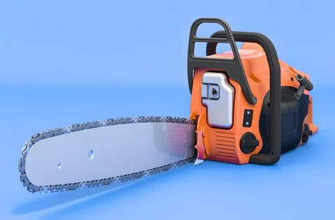 Modern chainsaw on blue backdrop, 3D rendering Ilustración de archivo
