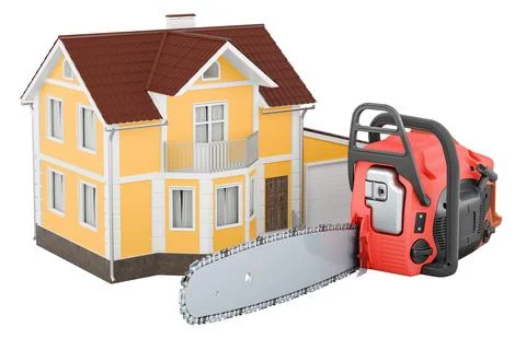 Modern chainsaw with home, 3D rendering Ilustración de archivo