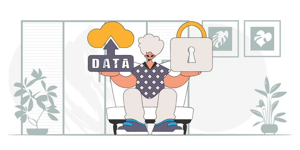 Modern character style vector of man with cloud storage and padlock. Stock Illustration
