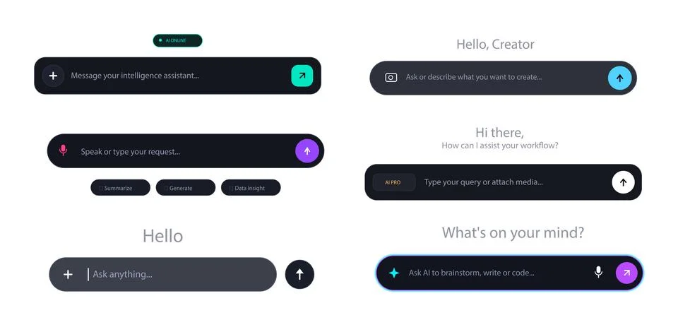 Modern chatbot prompt input search bar UI elements set for smart virtual 스톡 일러스트