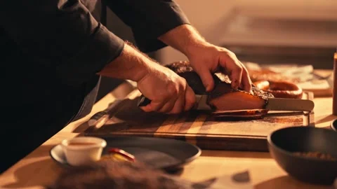 Modern Chef Prepares Barbecue BBQ Brisket Ribs Meats Cinematic Travel Stock Footage 280507936