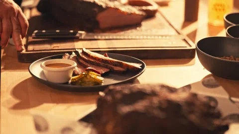 Modern Chef Prepares Barbecue BBQ Brisket Ribs Meats Cinematic Travel Stock Footage 280507939