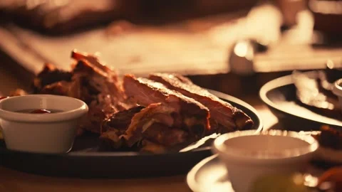 Modern Chef Prepares Barbecue BBQ Brisket Ribs Meats Cinematic Travel Vidéo 280507959