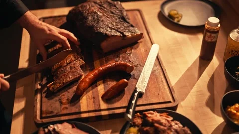 Modern Chef Prepares Barbecue BBQ Brisket Ribs Meats Cinematic Travel Stock Footage 280507963