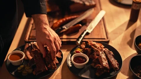 Modern Chef Prepares Barbecue BBQ Brisket Ribs Meats Cinematic Travel 스톡 동영상 280507965