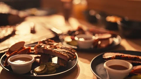 Modern Chef Prepares Barbecue BBQ Brisket Ribs Meats Cinematic Travel Video stock 280507971