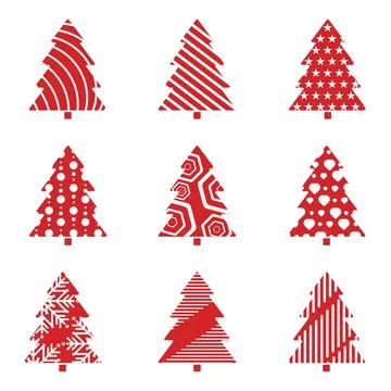 A Modern Christmas element set featuring red trees with stylish abstract li.. Illustrazione stock