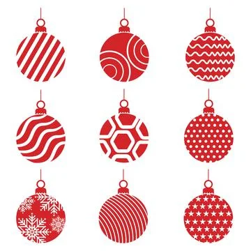 A modern Christmas element set showcasing red hanging ornaments in unique g.. Stock Illustration