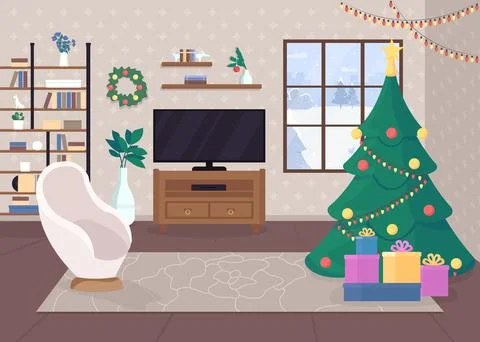 Modern christmas house inside flat color vector illustration Stock Illustration
