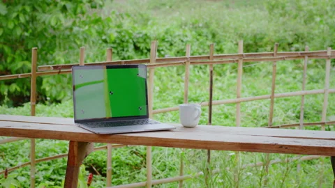 Modern chroma key green screen laptop computer on the balcony Stock Footage 341915432