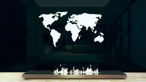 Modern chrome fireplace design idea with world map 3D rendering Stock Illustration