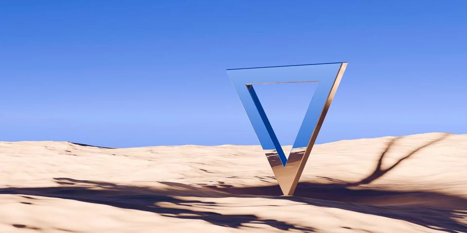 Modern chrome retro triangle frame object in surreal abstract desert landsc.. Stock Illustration