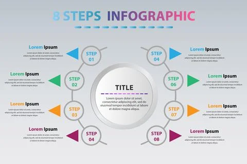 Modern circle infographics with eight steps. Circle infographic with 8 options. Stock Illustration