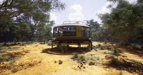 Modern circular building surrounded by nature in a remote landscape Ilustración de archivo
