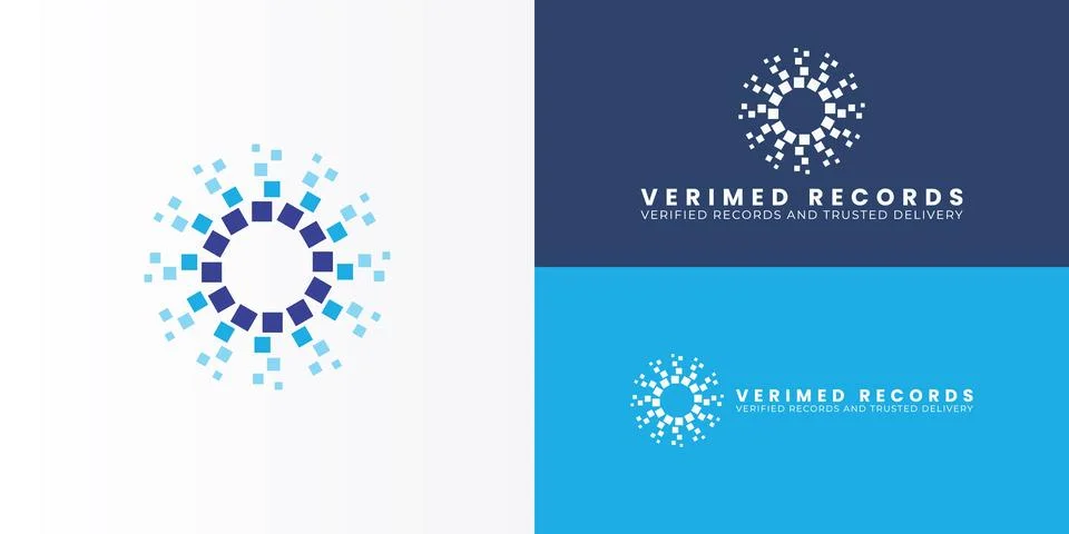 A modern, circular logo with blue pixels to represent digital data. Illustrazione stock