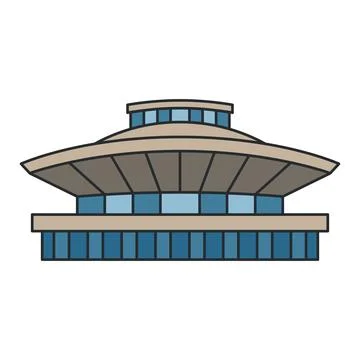 Modern circular pavilion building with wide roof and panoramic windows. Ill.. Ilustración de archivo