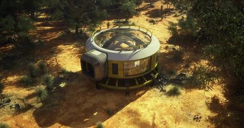 Modern circular structure in desert landscape surrounded by greenery Ilustración de archivo