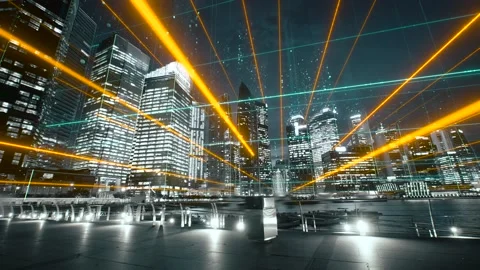 Modern city with abstract futuristic network connections. Technology concept Stock Footage