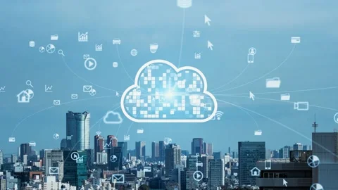 Modern city and cloud computing concept. Smart city. Communication network. Syst Stock Footage 149082613
