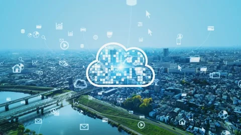 Modern city and cloud computing concept. System integration. SaaS (Software as a Stock Footage 165478410