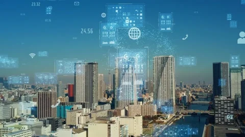 Modern city and graphical user interface. Statistics of business. Management str Video stock 151361724