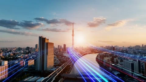 Modern city and light ray. The road to the future. Communication network. Stock Footage