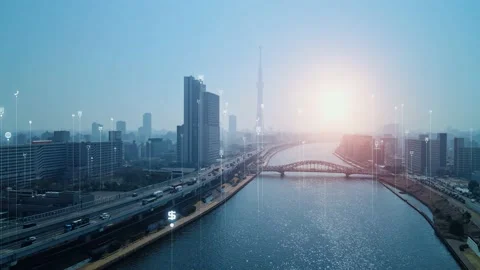 Modern city and technology concept. Smart city. Communication network. Digital t Stock Footage 149800698