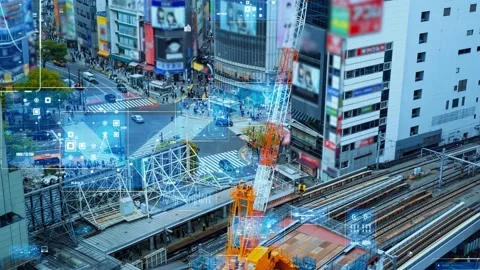 Modern city and technology concept. Smart city. Digital transformation. GUI (Gra Stock Footage 154666733