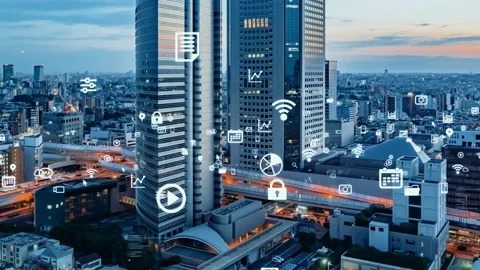 Modern city and technology concept. Smart city. Digital transformation. Stock Footage 154666793