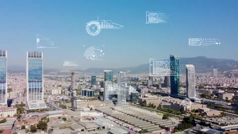 Modern city and technology concept. Smart city. Digital transformation. GUI Stock Footage 229019762